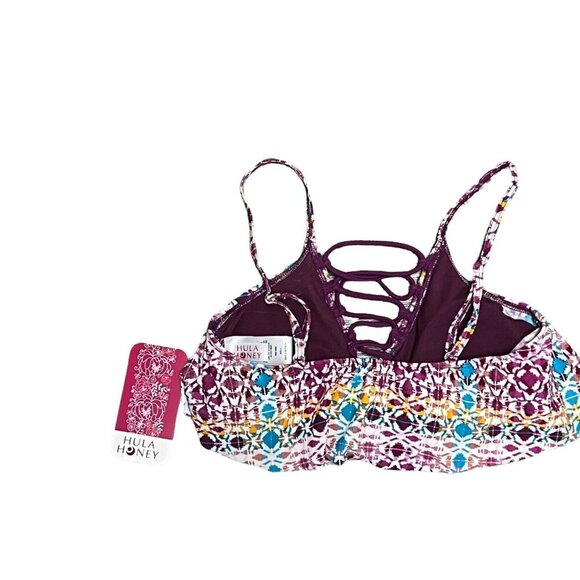 NWT Hula Honey Flounce Bikini Top Junior's Size Small Wine Multi Print Lace Up - Picture 4 of 11